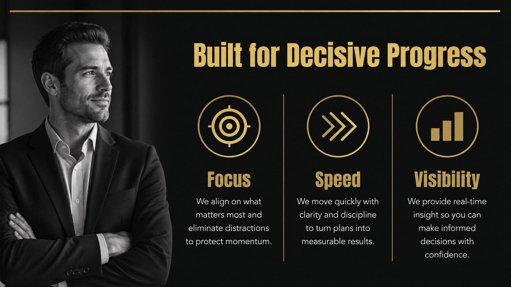 Product highlights slide outlining three capabilities in a dark luxury business presentation.