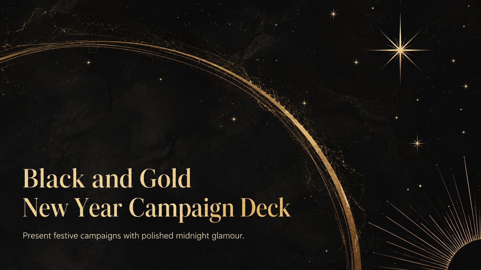 Black and Gold New Year Campaign Deck cover with refined gold typography, midnight accents, and festive geometric details.