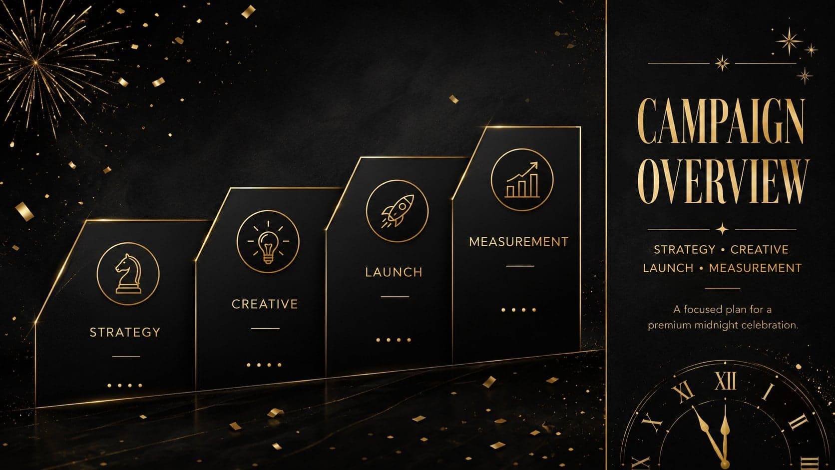 New Year campaign overview slide presenting strategy, creative, launch, and measurement pillars in black and gold.