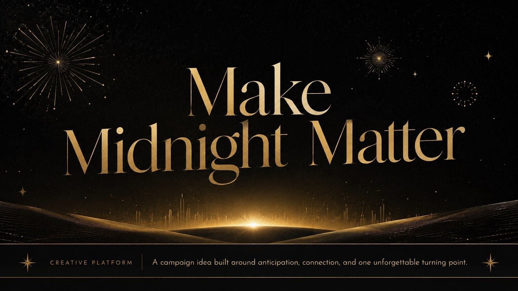 Luxury New Year marketing presentation slide introducing the creative idea Make Midnight Matter.