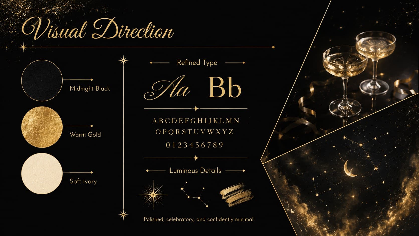 Black and gold visual direction slide showing midnight black, warm gold, ivory typography, and luminous imagery.