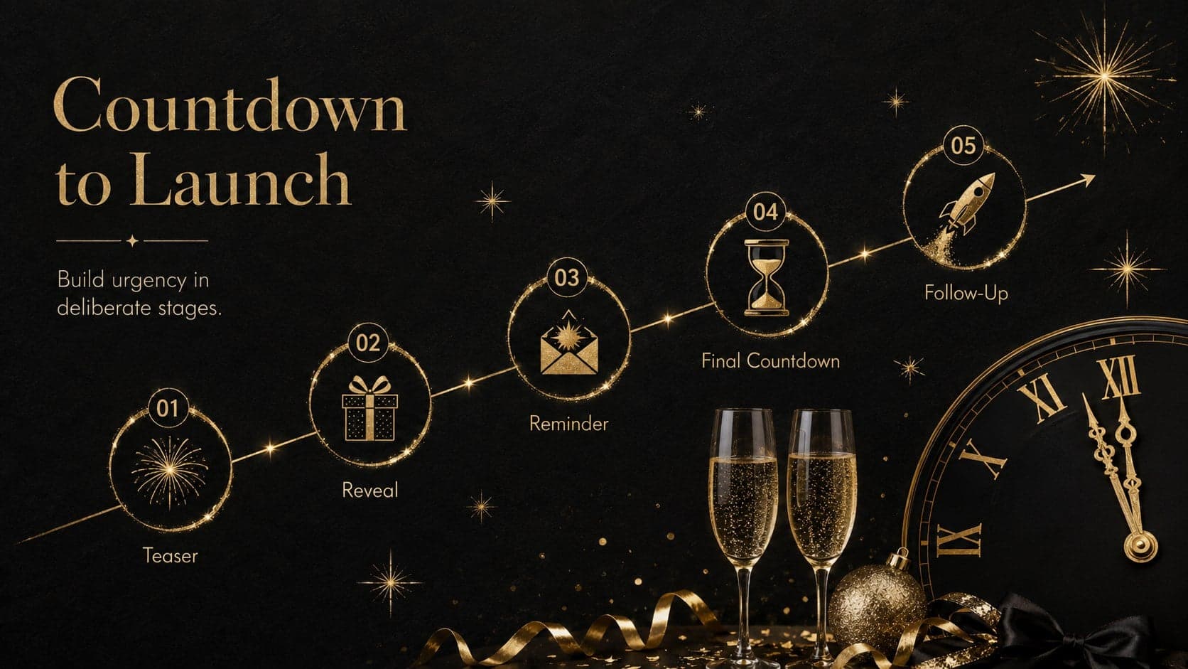New Year's Eve campaign timeline showing teaser, reveal, reminder, countdown, and follow-up phases.