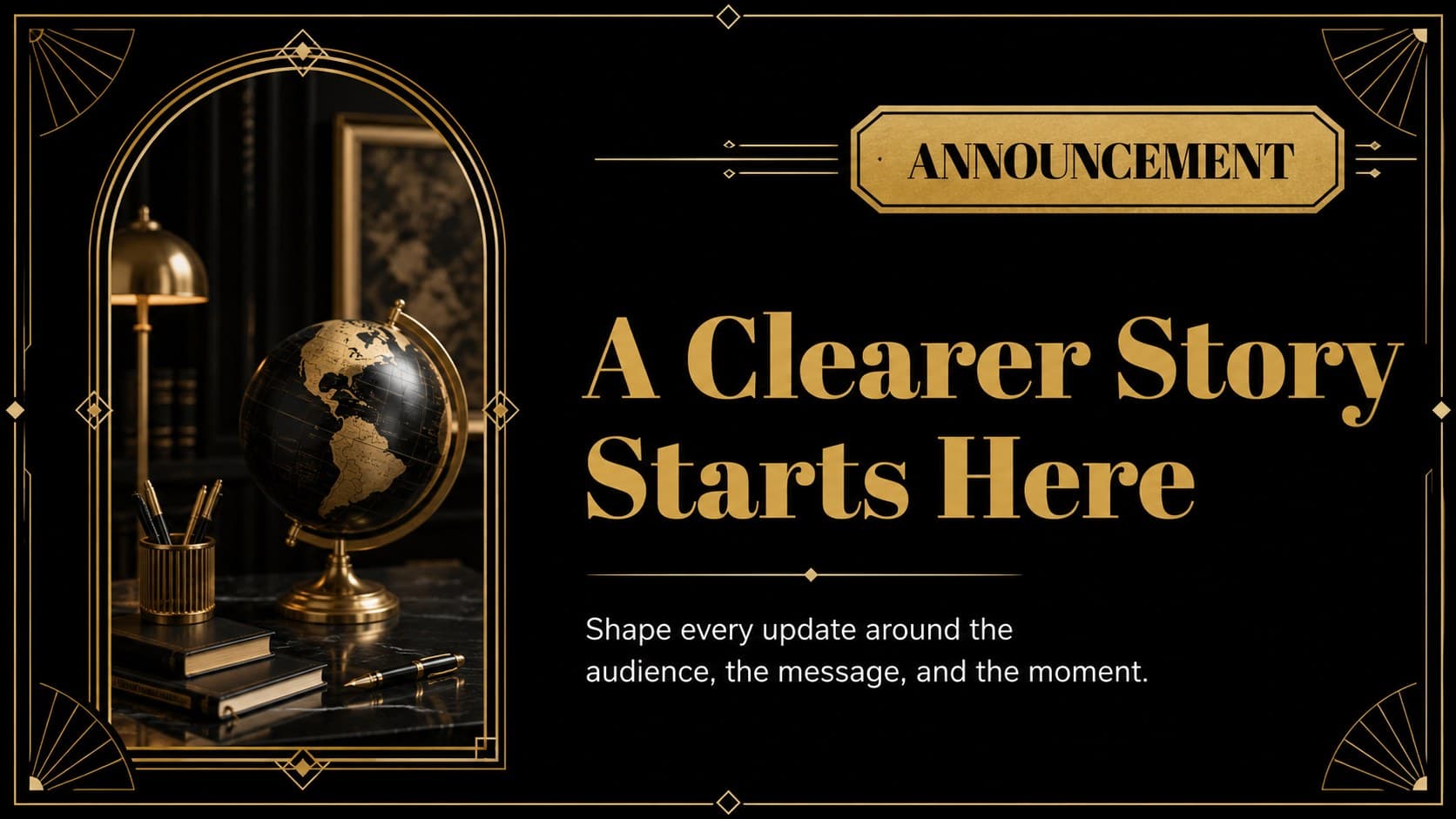 Newsletter announcement slide featuring a prominent company update in a black and gold business presentation.