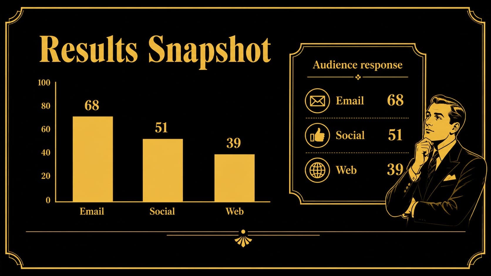Data visualization slide for an agency campaign report template with black and gold charts.