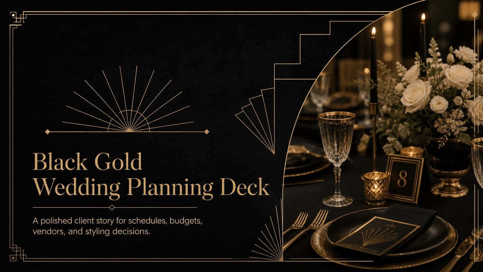 Cover of a Black Gold Wedding Planning Deck with elegant Art Deco geometry and refined event typography.