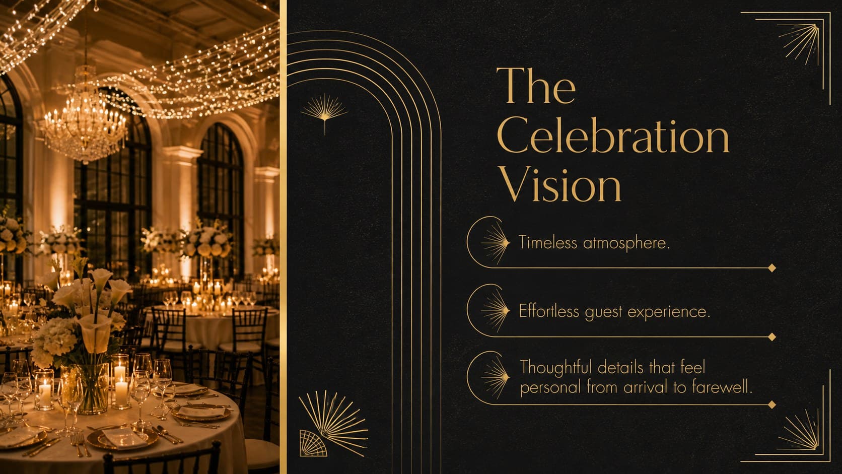 Luxury wedding vision slide presenting atmosphere, guest experience, and celebration priorities.
