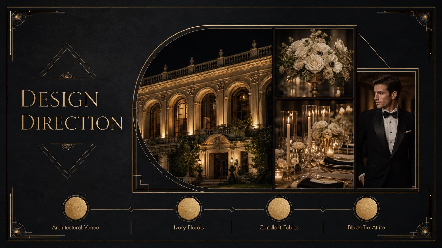 Black and gold wedding mood board featuring venue, floral, table setting, and attire inspiration.