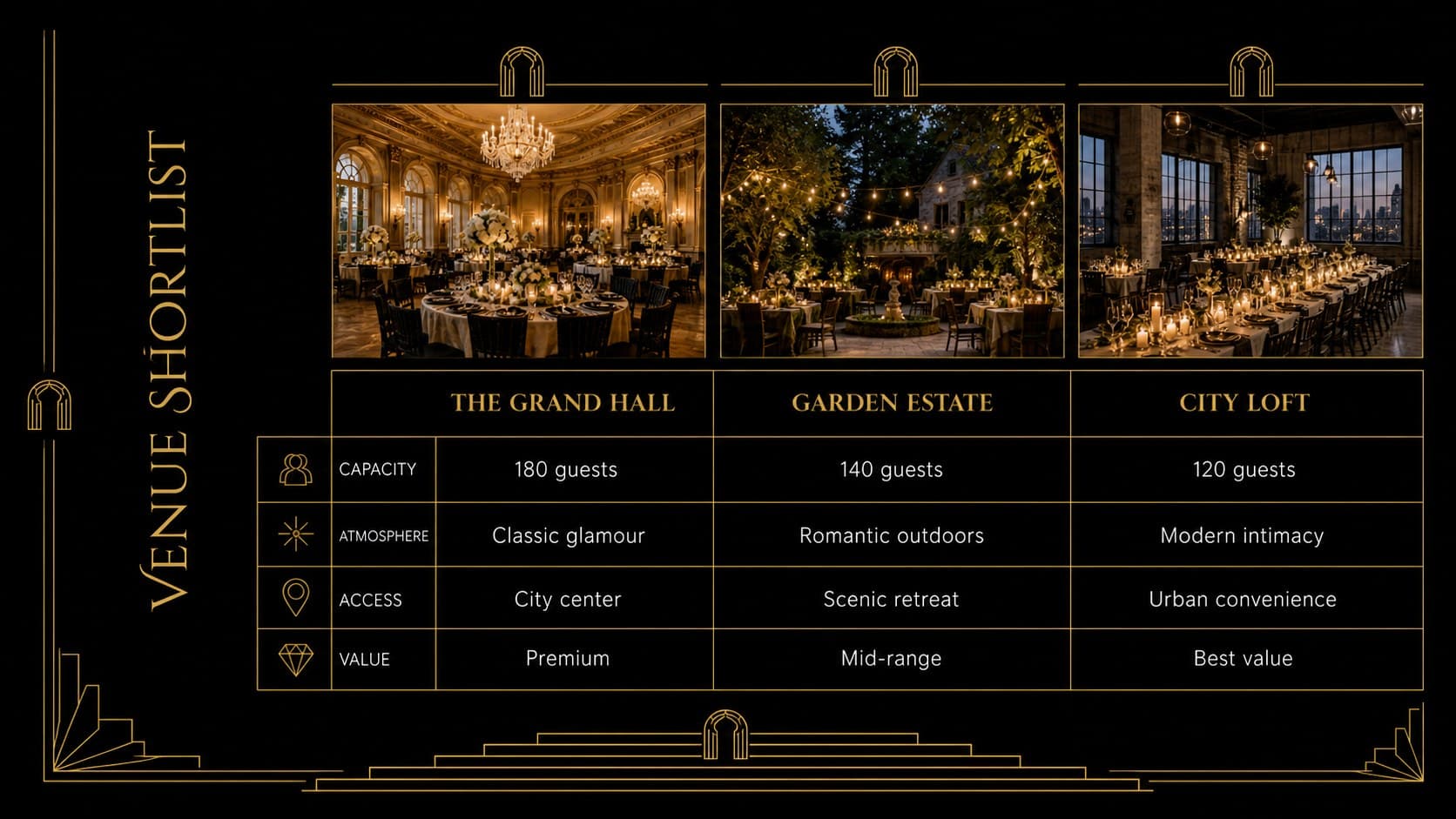 Elegant wedding venue comparison slide reviewing capacity, atmosphere, logistics, and value.
