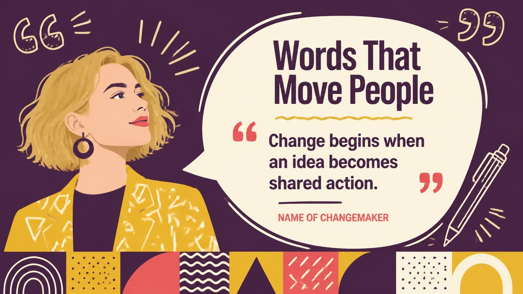 Quote feature slide pairing a prominent statement with colorful editorial shapes for a historical figures presentation.
