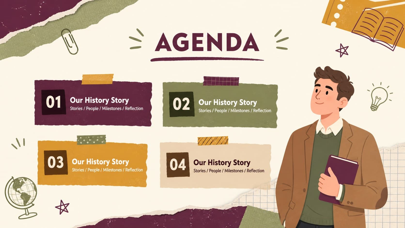 Agenda slide outlining story, people, milestones, and reflection sections in an elementary history project presentation.