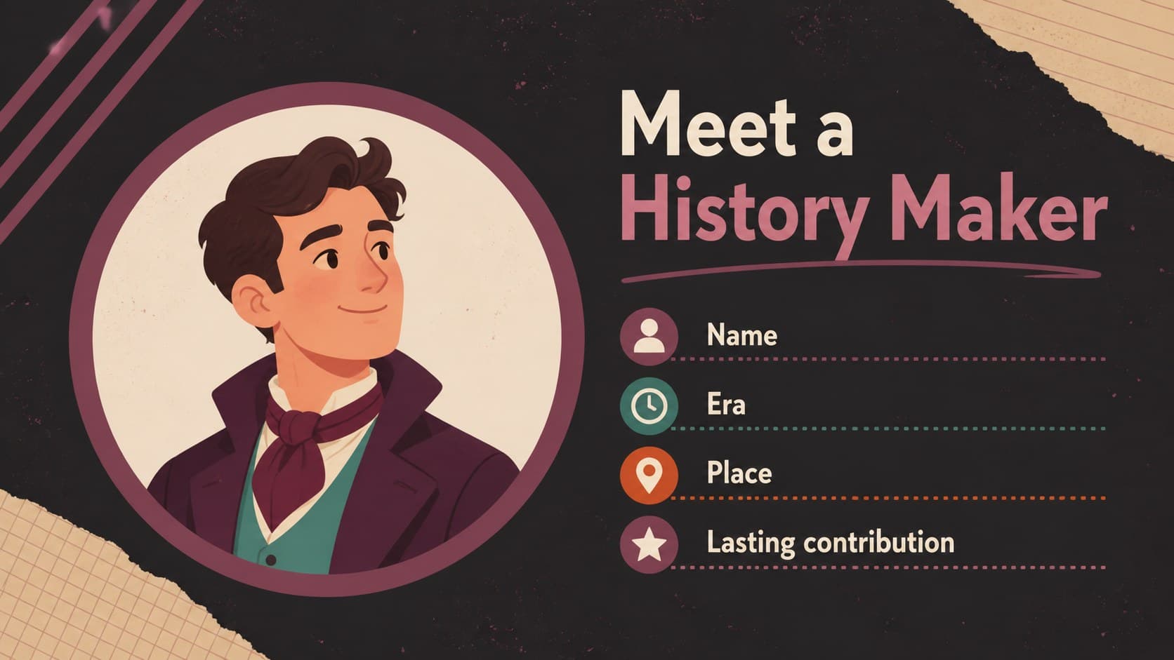 Student biography profile slide with a portrait area, key dates, and achievements for a black history project.