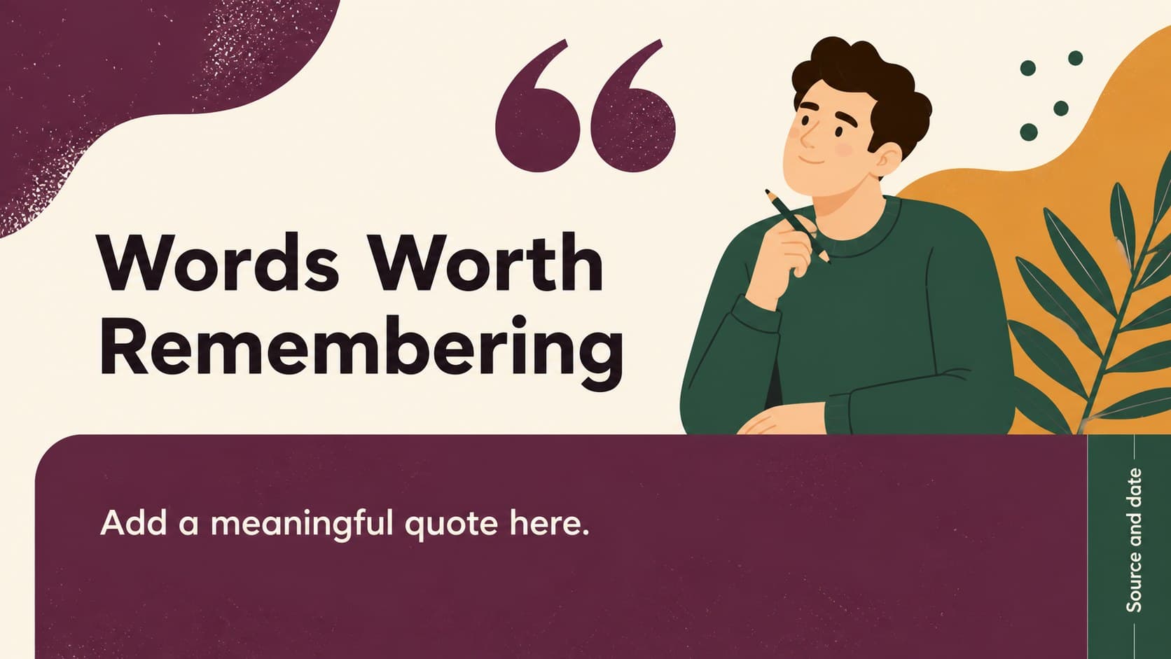 Quote-focused slide for an editable social studies presentation for kids, featuring a large statement and source note.
