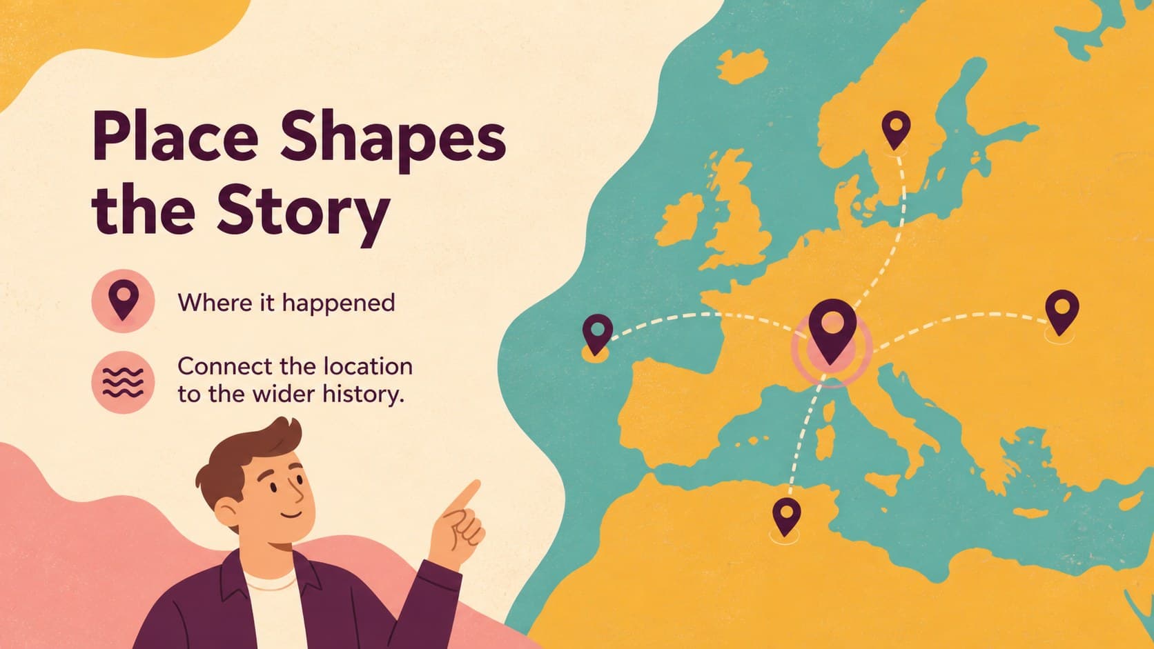 Map and place slide for a colorful classroom history presentation showing where an important story unfolded.