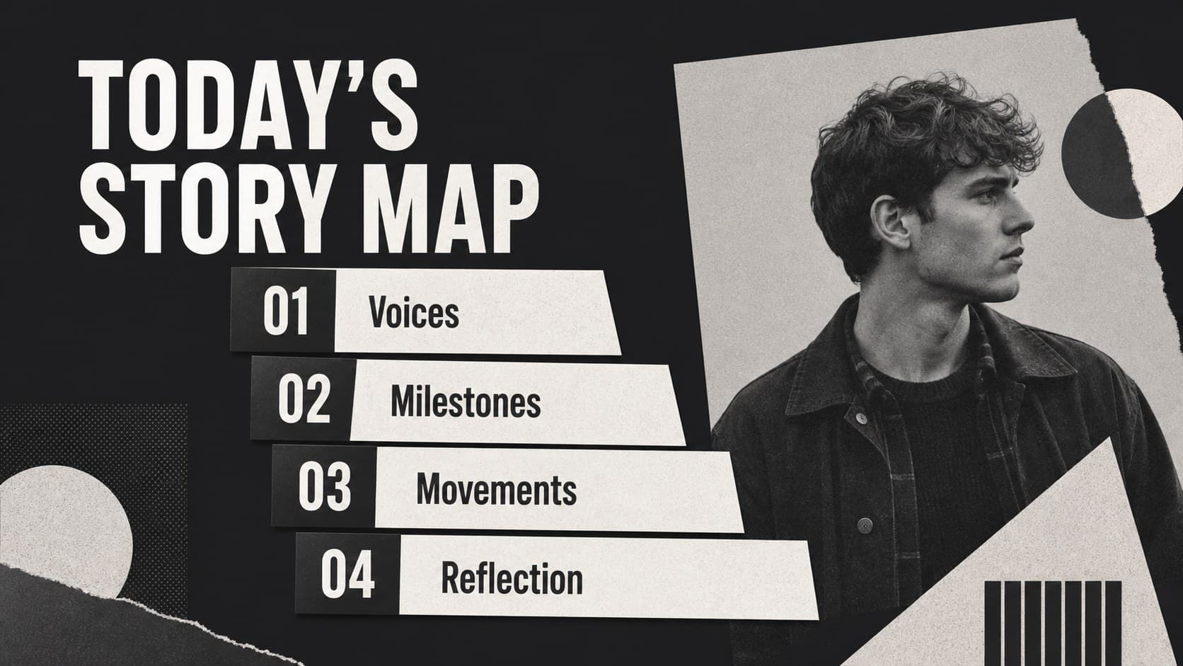 Agenda slide outlining a heritage presentation with sections for voices, milestones, movements, and reflection.