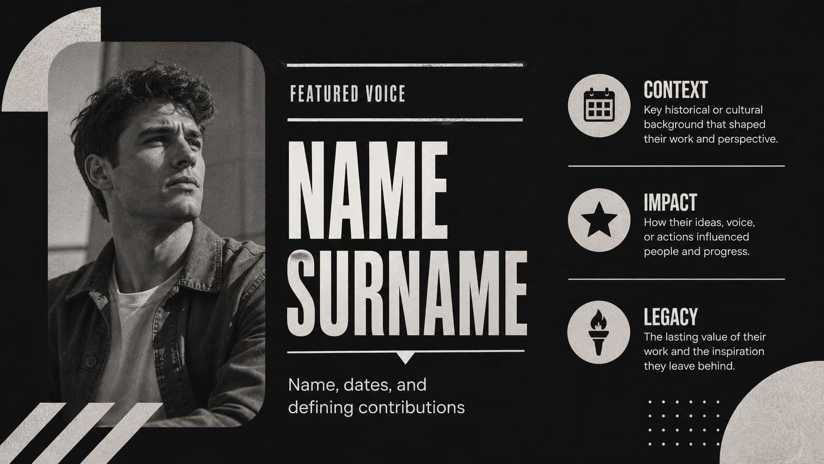 Biography profile slide presenting a featured historical figure with space for dates and achievements.