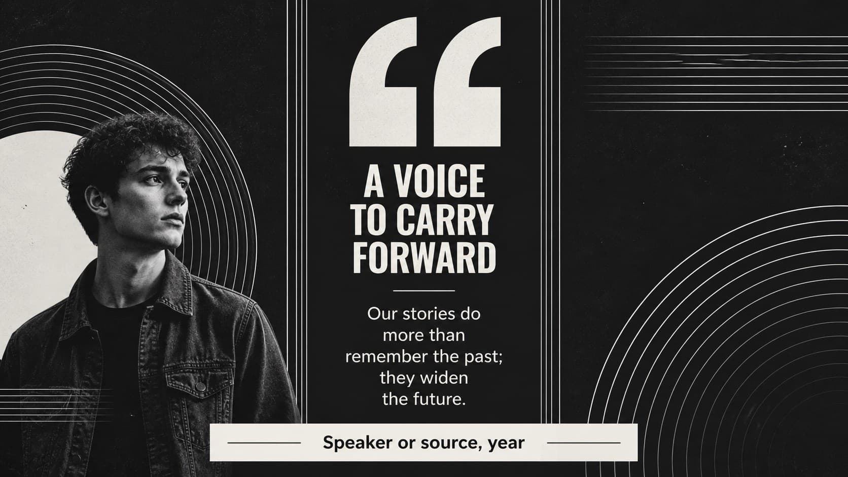 Quote feature slide displaying a large statement about memory, identity, and collective history.