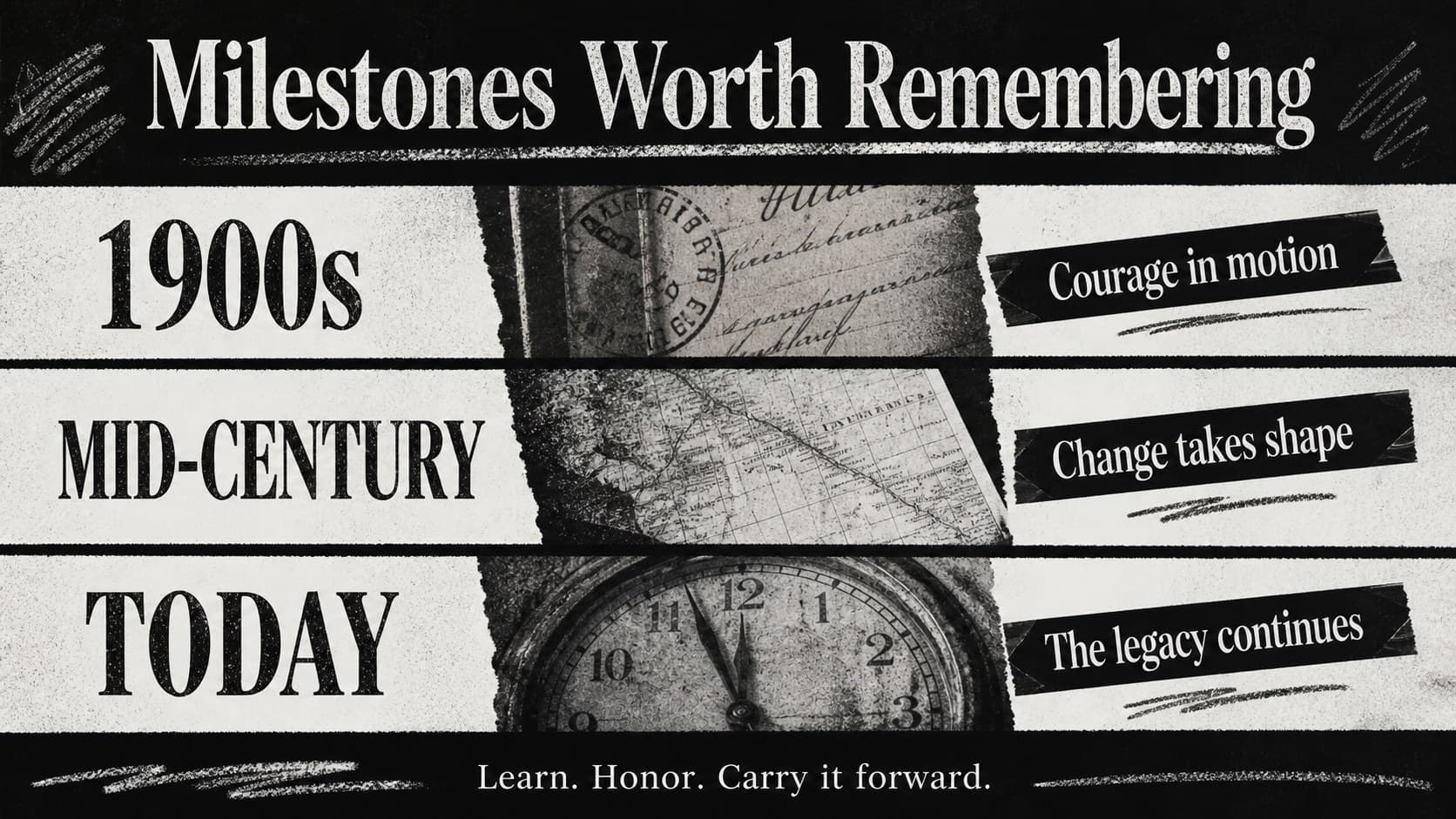 Black-and-white grunge history slide organizing names, dates, and achievements for a Black History Month tribute.