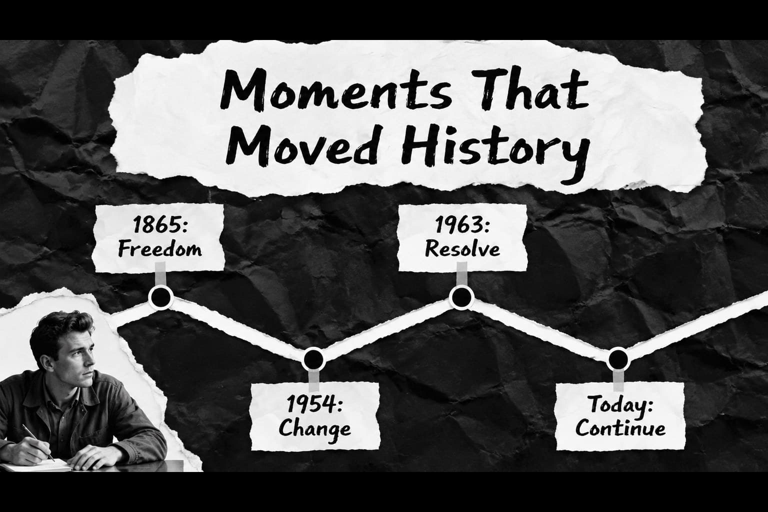 Historical timeline slide for an editable black history timeline presentation with milestone years and short captions.