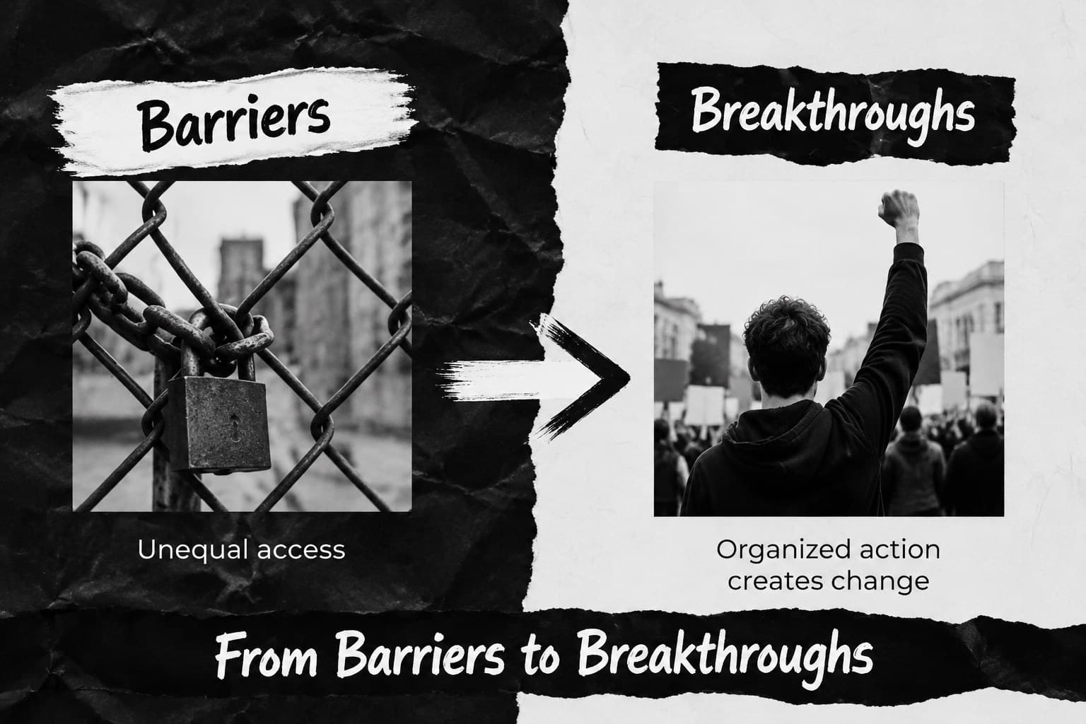 Two-column comparison slide for a black history event presentation template contrasting barriers and breakthroughs.