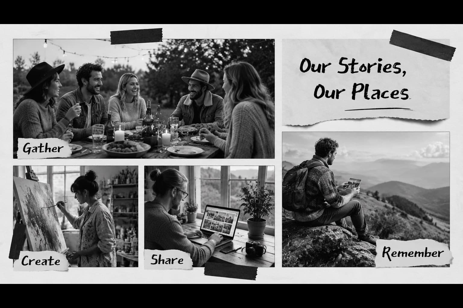 Photo collage slide for a community history celebration showing spaces, people, and shared memory.