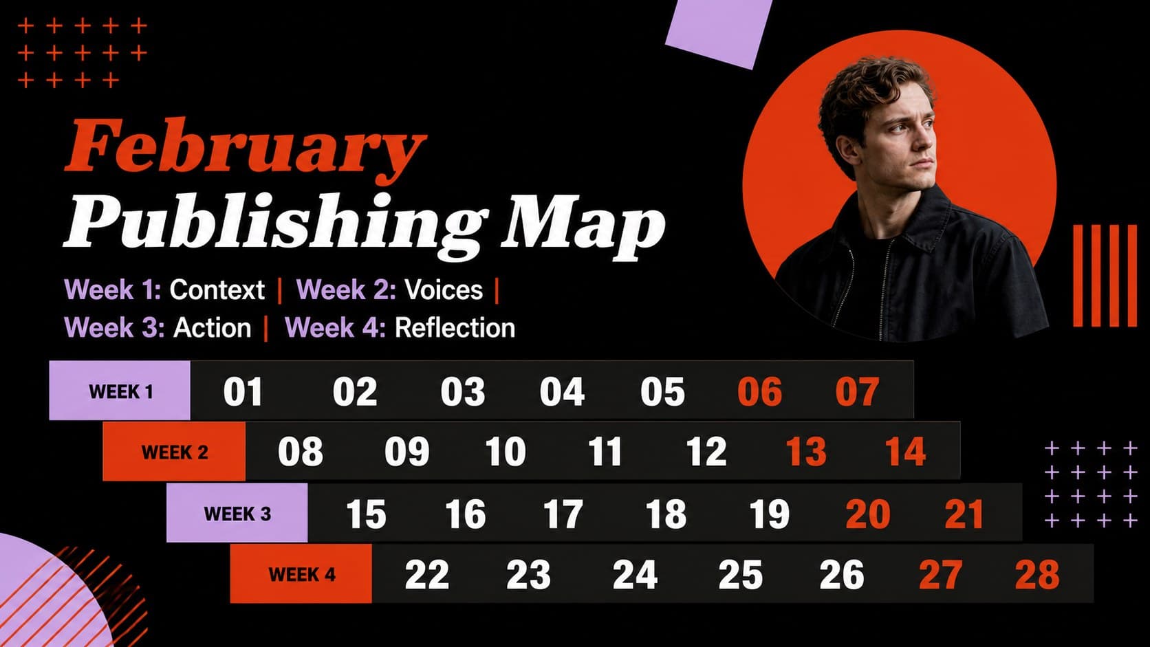 Black History Month editorial calendar slide showing a structured February campaign schedule.