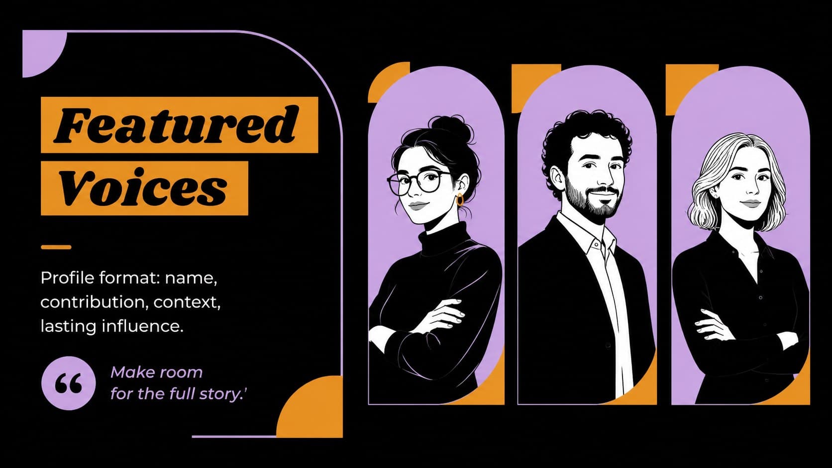 Featured voices slide for planning Black History Month profiles, quotes, and educational stories.