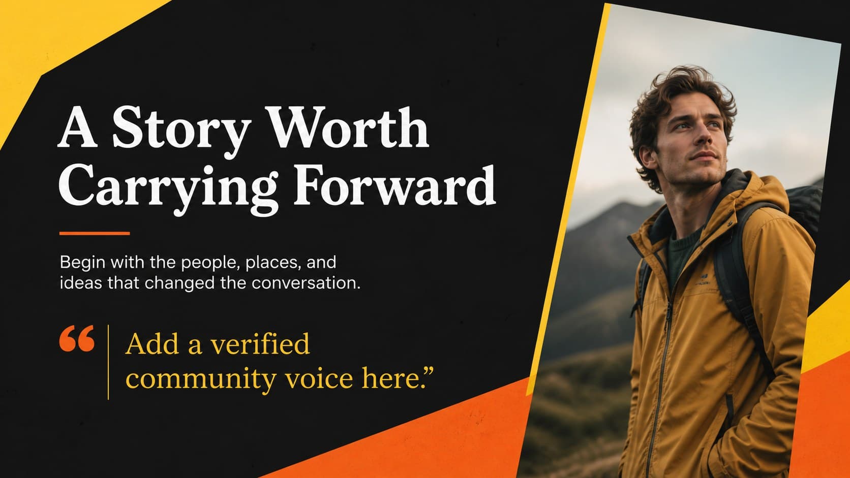 Editable heritage month presentation slide introducing a featured community story with image and quote areas.
