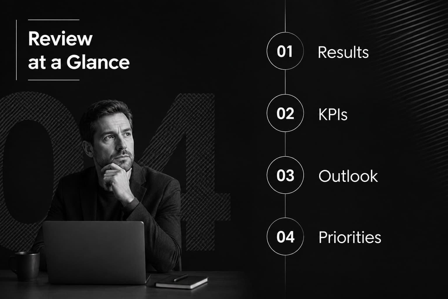 Agenda slide outlining the sections of a black annual report slide deck for executive review.