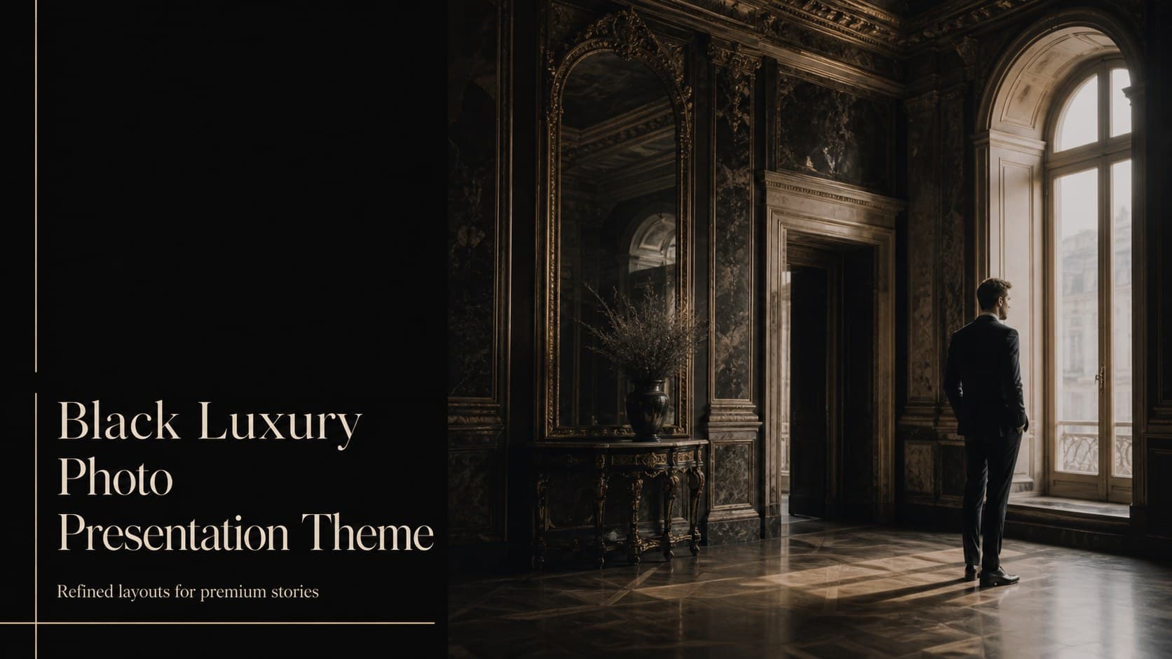 Cover slide for a black luxury photo presentation theme with a dramatic monochrome image and refined title treatment.