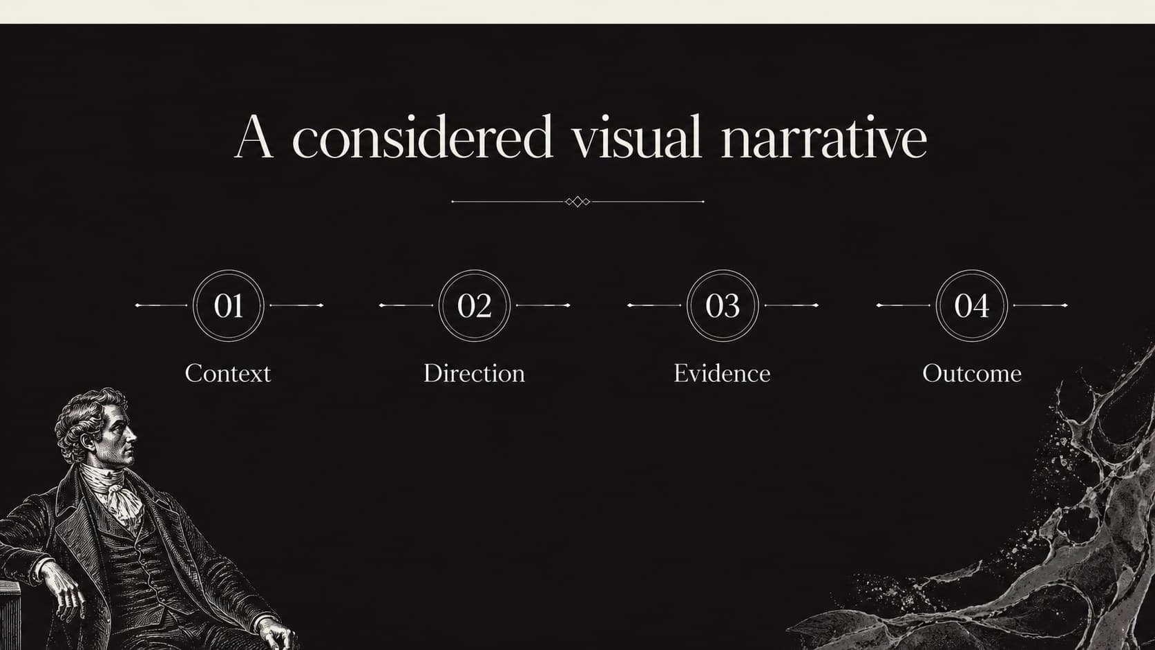 Agenda slide outlining a premium presentation structure in a dark editorial layout.