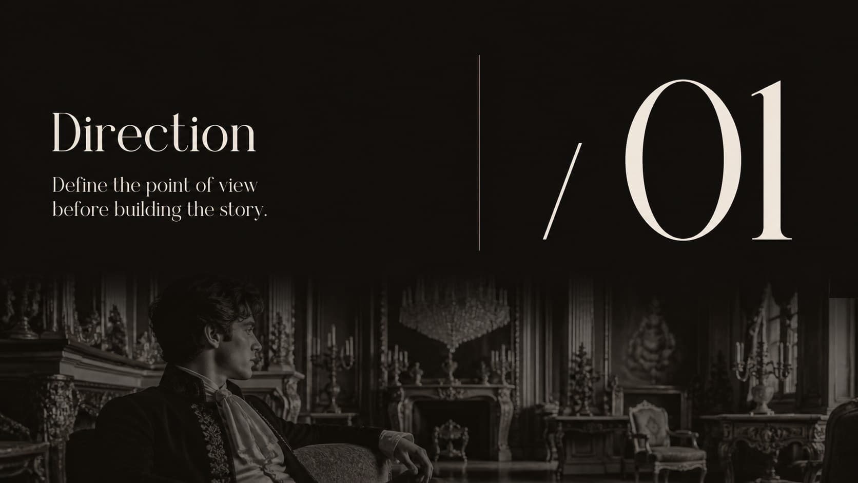 Section divider introducing strategic direction with high-contrast black and ivory typography.