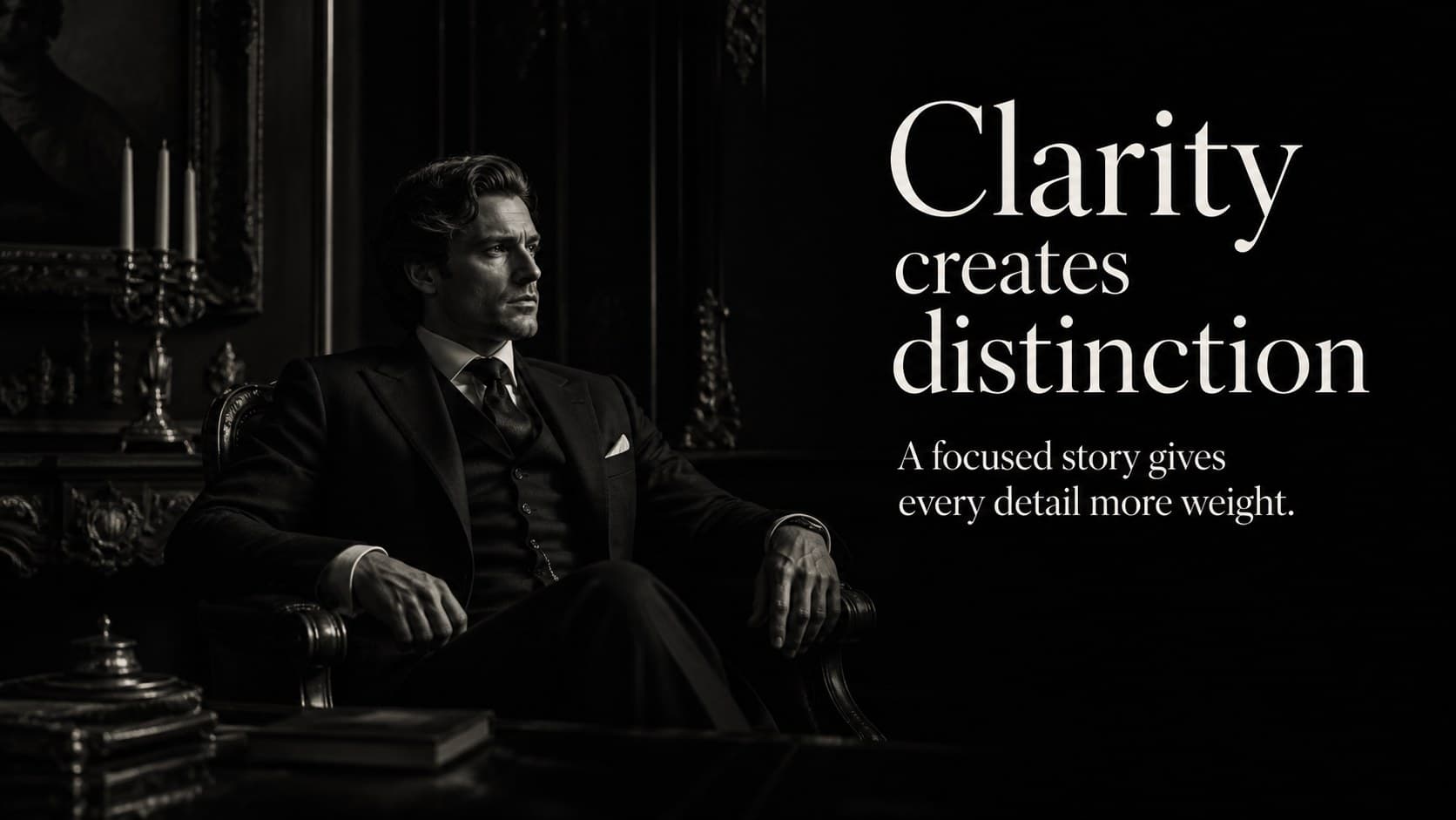 Statement slide presenting a concise premium brand message over a monochrome image treatment.
