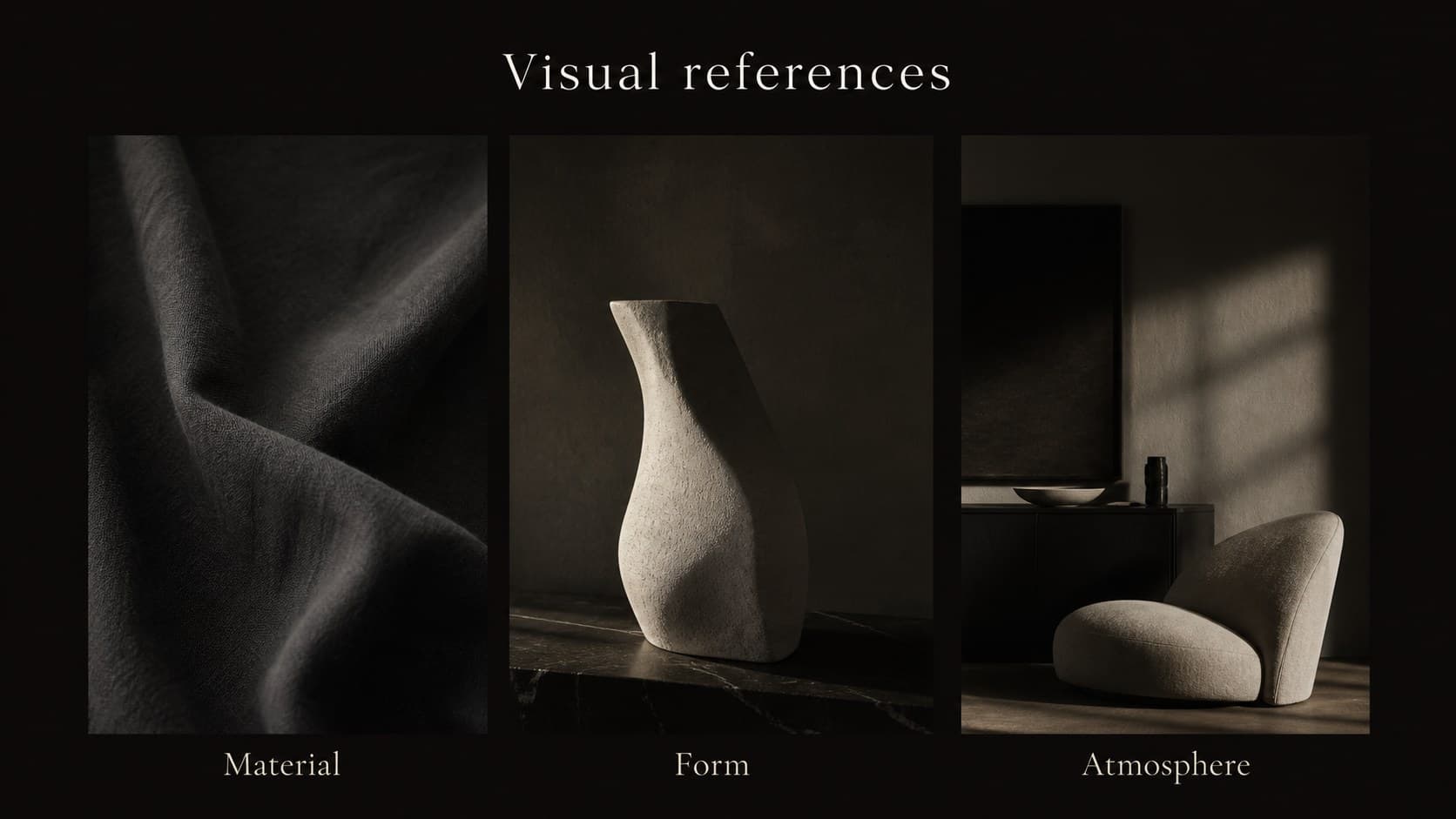 Photo showcase slide with three monochrome image panels for an executive photo deck.