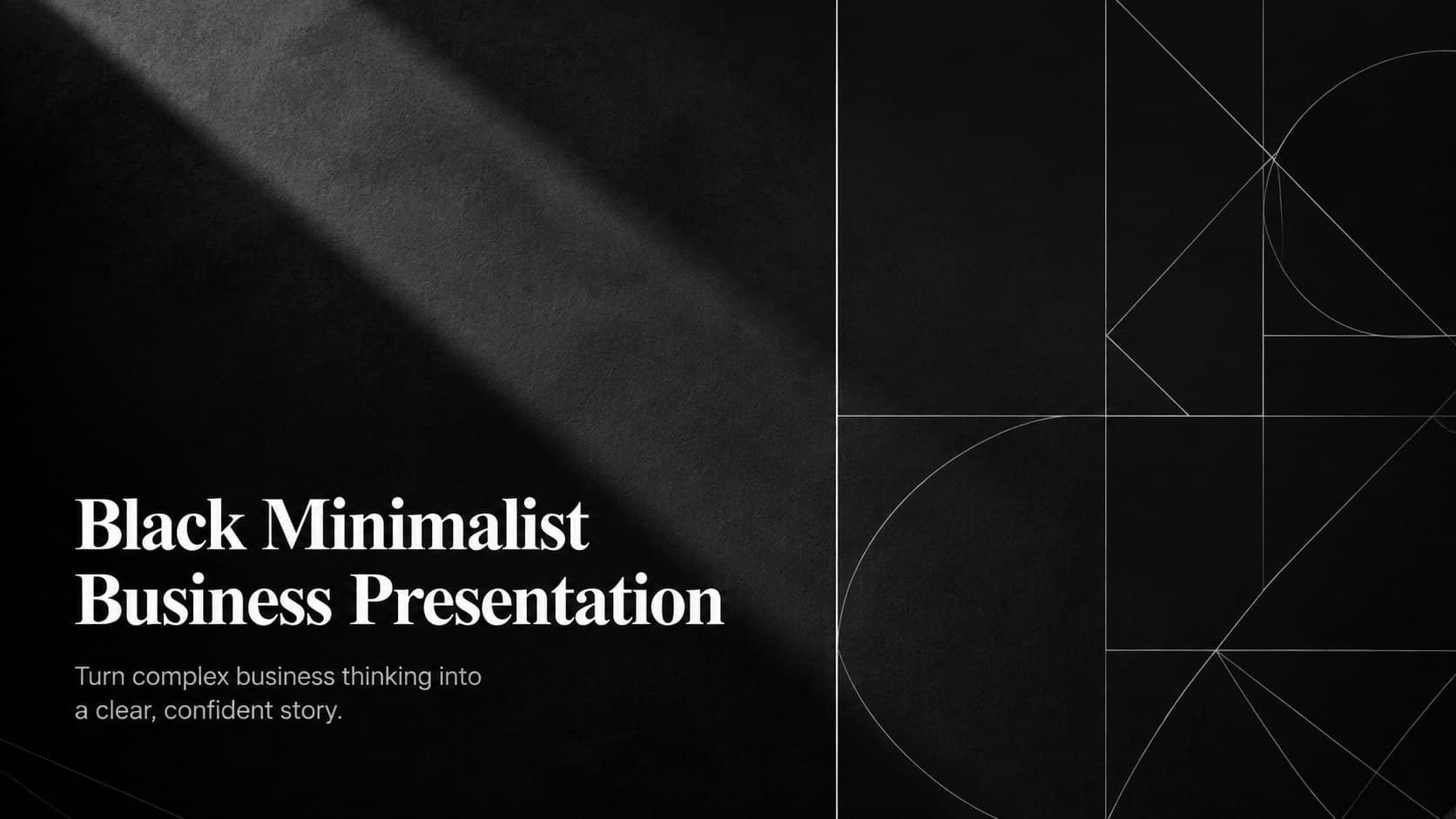 Cover of a black minimalist business presentation with refined typography and a structured monochrome layout.