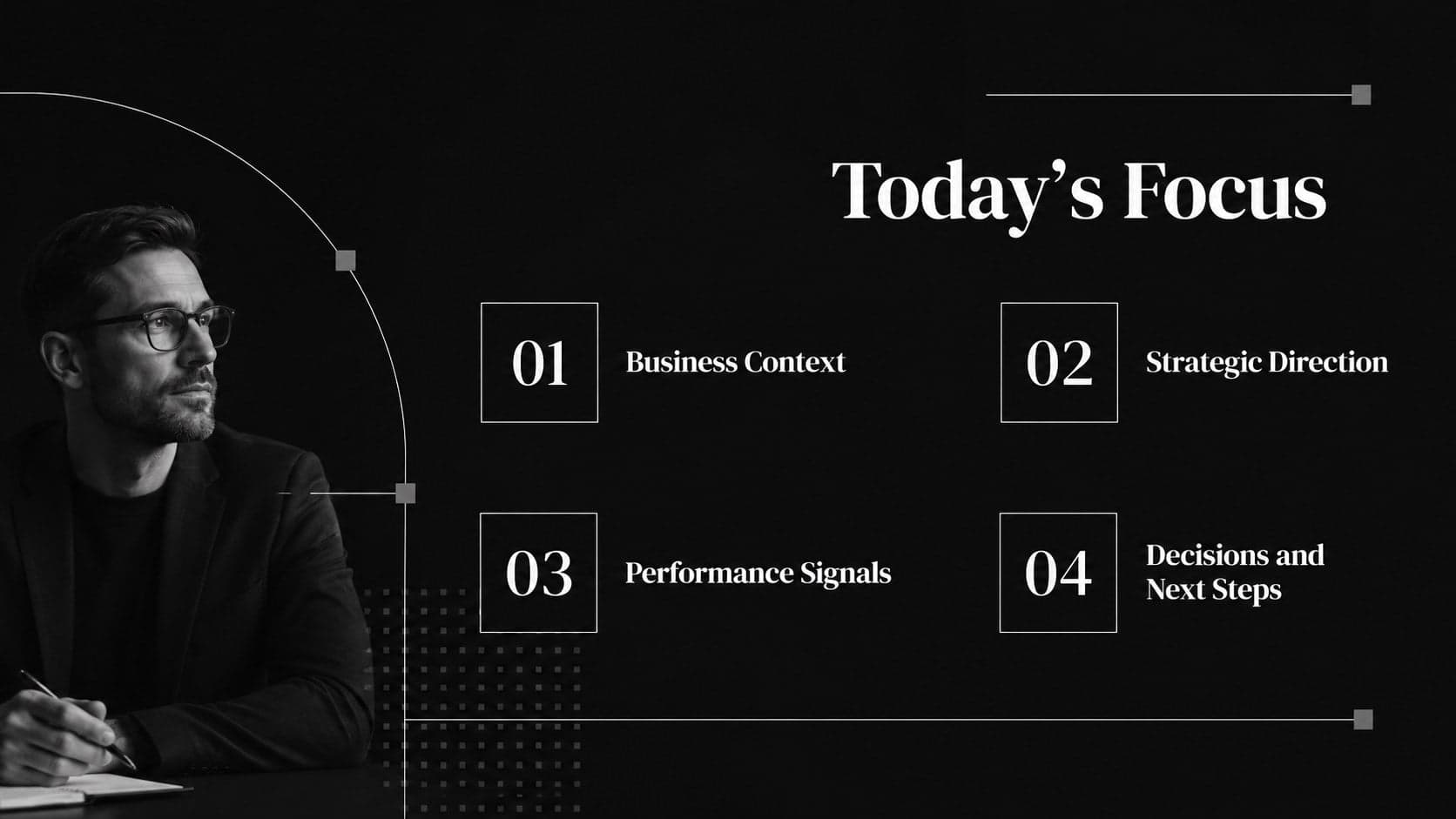 Dark corporate presentation template agenda with four clearly numbered discussion sections.