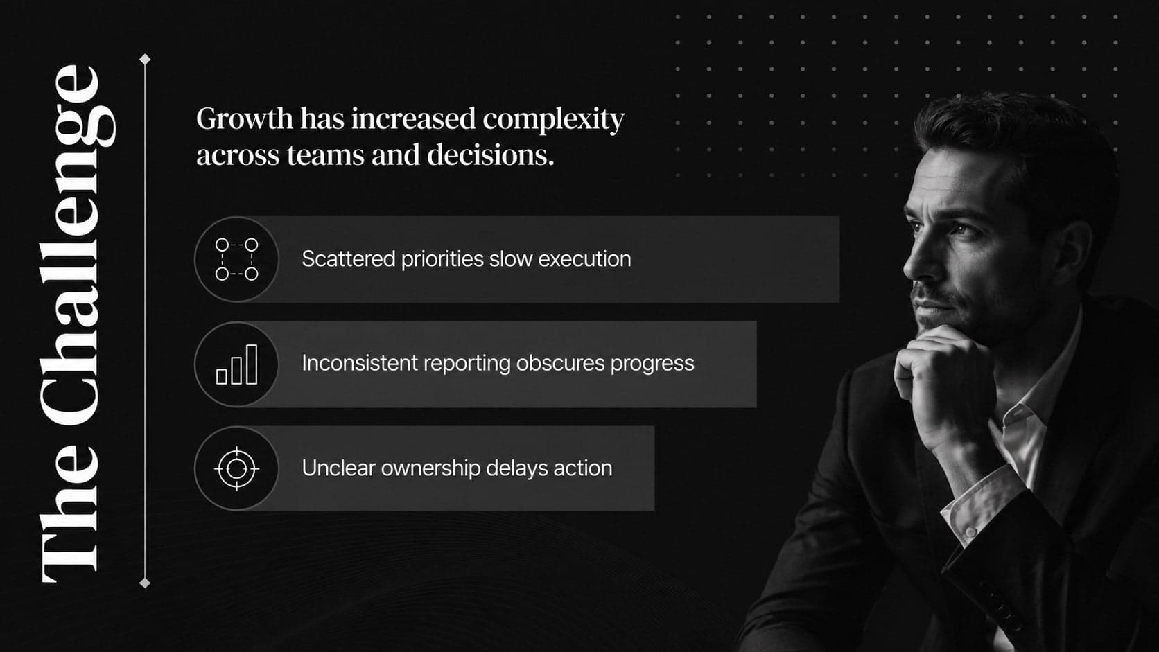 Professional black pitch deck slide presenting three business challenges in an asymmetric layout.