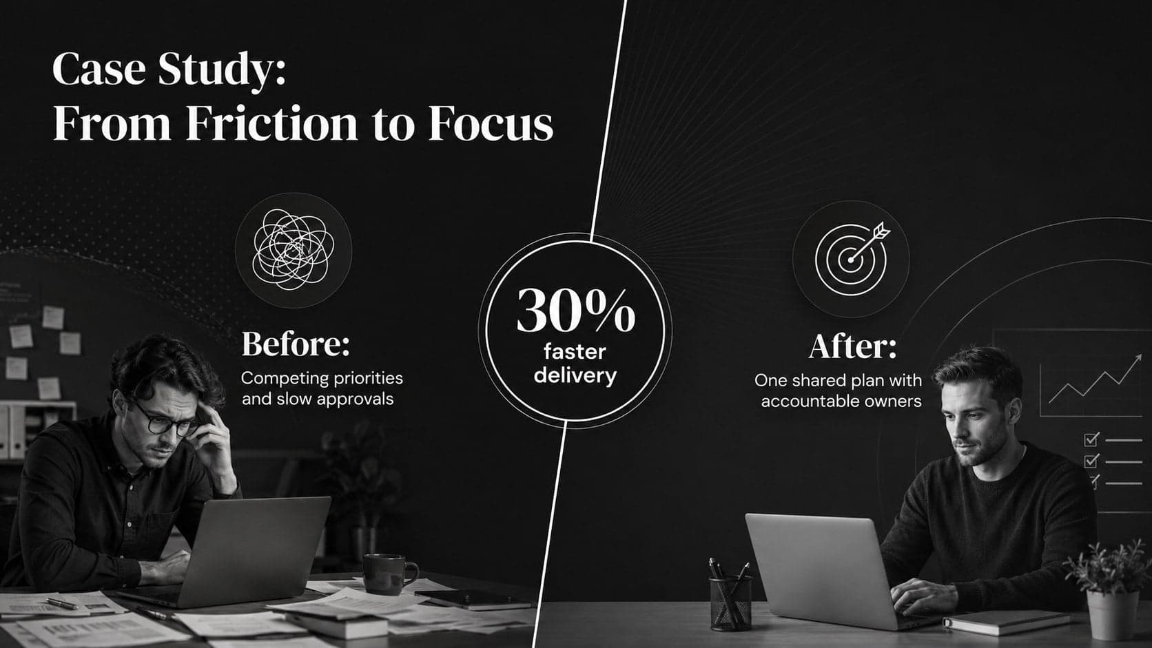 Black minimalist business presentation case study comparing the initial state with measurable results.