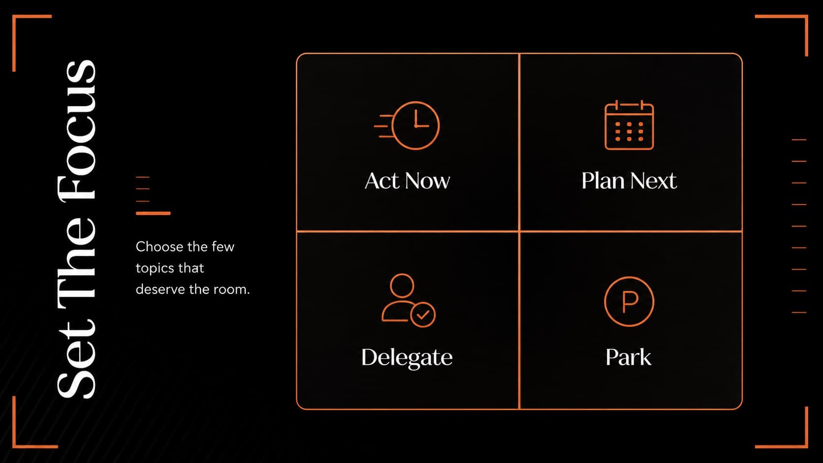 Priority-setting slide organizing urgent and important meeting topics in a geometric matrix.