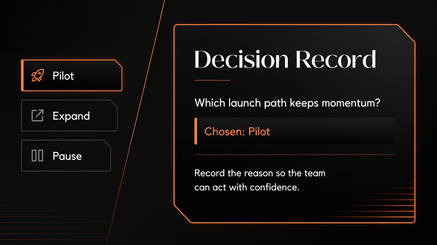 Decision record slide presenting a key choice with options and a selected outcome.