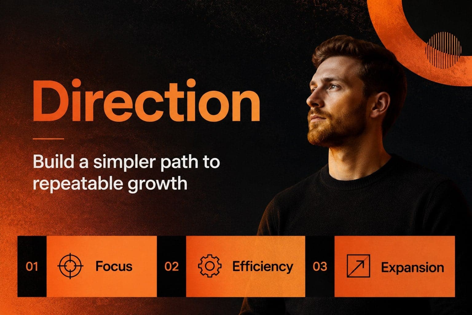 Company direction slide presenting a concise business vision and strategic priorities.