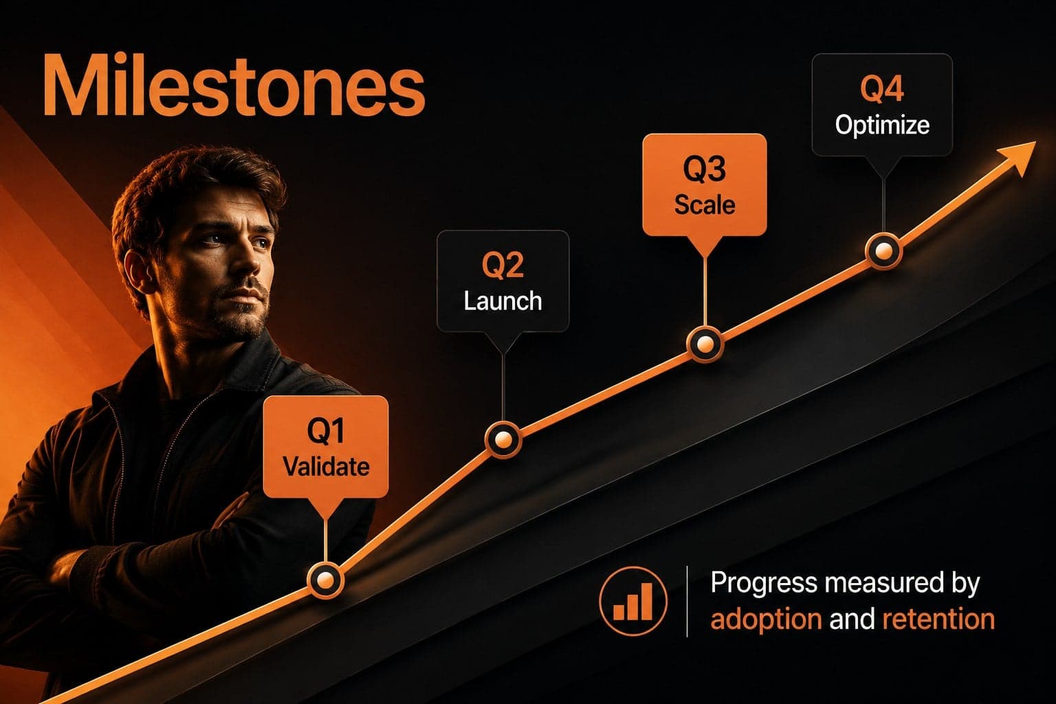 Milestone roadmap slide for business growth planning with quarterly objectives.