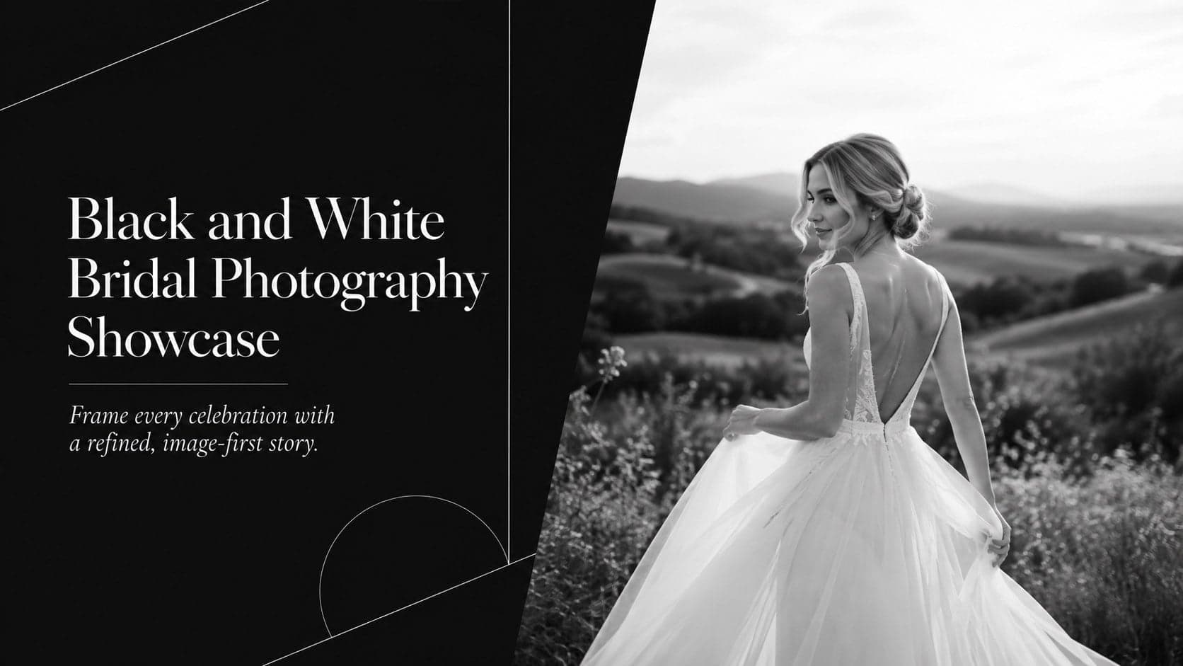 Cover of a black and white bridal photography showcase featuring an elegant wedding portrait and editorial typography.