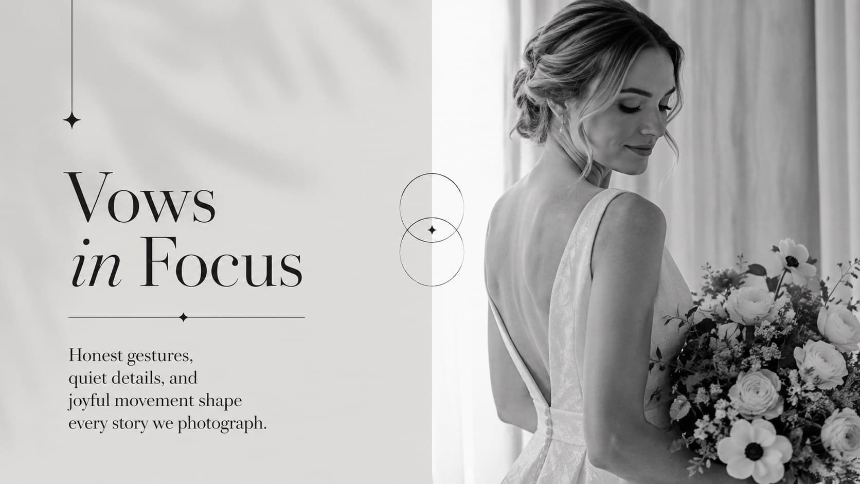 Editorial wedding photography introduction slide with a monochrome ceremony image and the headline Vows in Focus.