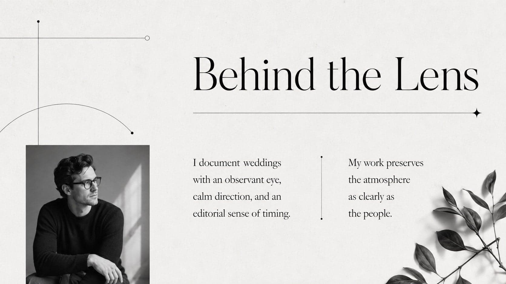 Wedding photographer profile layout combining an original portrait, short biography, and refined monochrome styling.