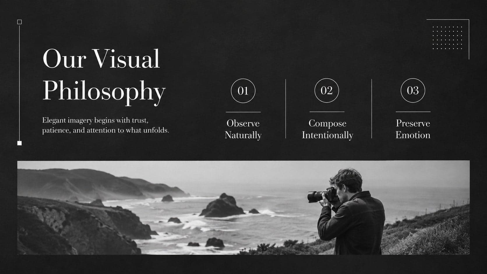 Minimal bridal photography showcase slide outlining an editorial visual philosophy beside an original wedding image.
