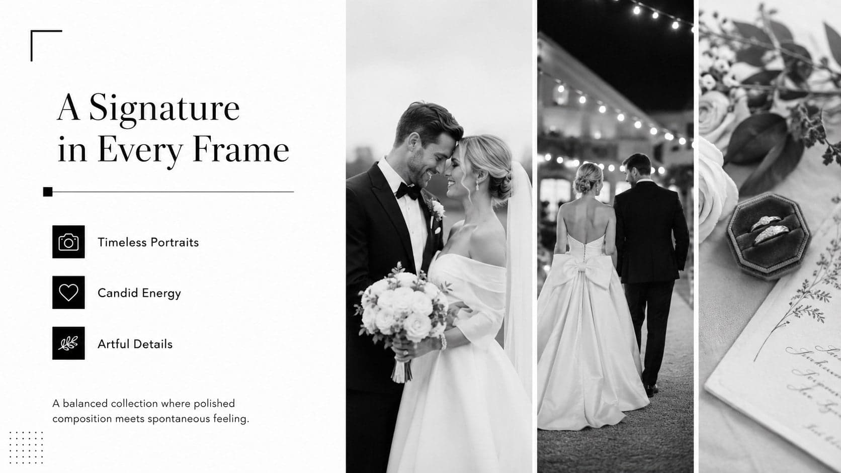 Black and white wedding photography deck slide presenting three signature style qualities with varied image crops.