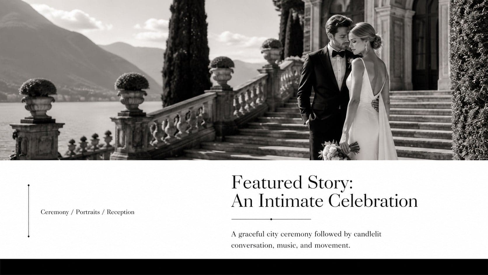 Luxury wedding photo portfolio feature spread introducing a complete celebration through original monochrome imagery.