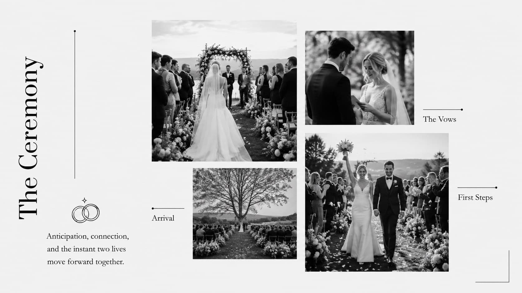 Monochrome bridal photo presentation showing ceremony moments in an offset gallery with concise captions.