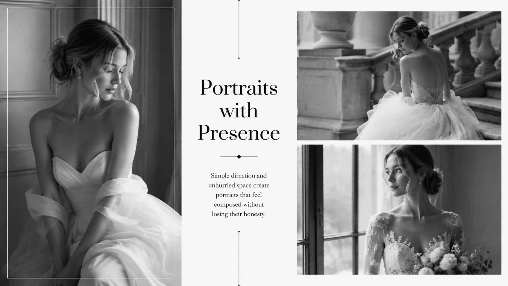 Editorial wedding photography slide featuring original couple portraits in a spacious black-and-white composition.