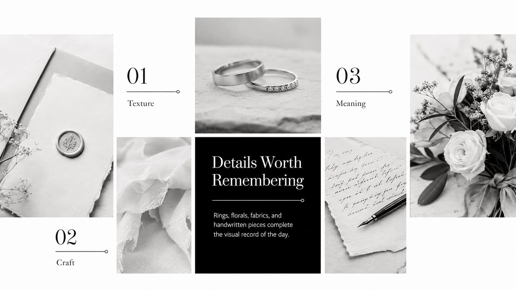 Image-led photographer portfolio slide displaying rings, flowers, stationery, and other wedding details in monochrome.